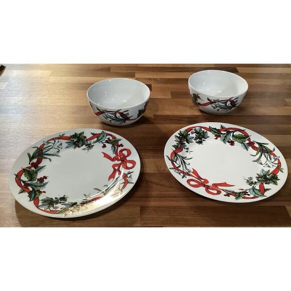 2 Brylane Home Christmas JOLLY TIME Salad Cereal Bowls/2 Salad Plates Ribbon - Picture 3 of 9